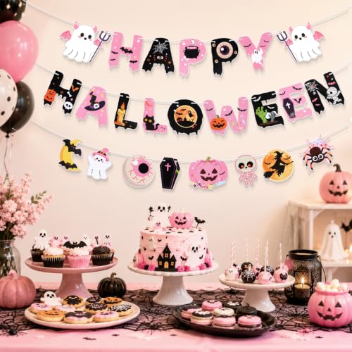 Pink Halloween Banner Set - Reusable Hanging Decorations for Parties