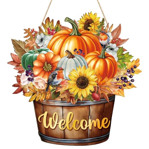 Fall Barrel Welcome Wreath for Front Door - Large Wooden Pumpkin & Maple Leaf Thanksgiving Sign - Farmhouse Autumn Decor