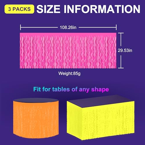 Neon Glow-in-the-Dark Party Table Skirts 3 Pack - Fluorescent Fringe Decor for Raves & Birthdays
