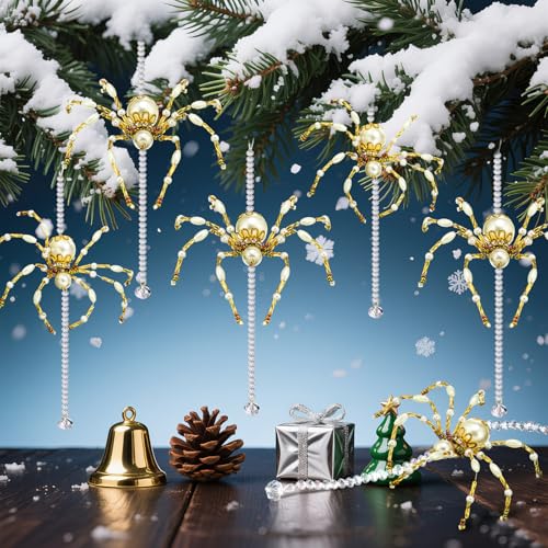 6 Pcs Christmas Crystal Spider Ornaments - Gold Beaded Hanging Decor 6.3 Inch White