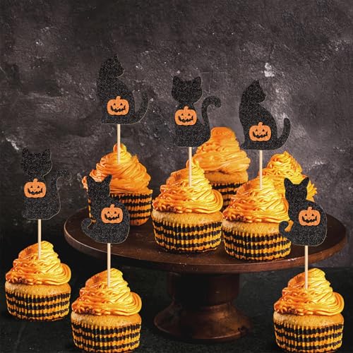 Halloween Cat Cupcake Toppers Pumpkin Kitty Set - 24 Pcs