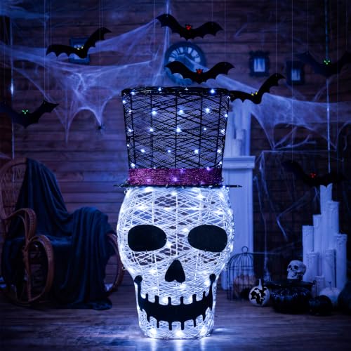Rattan Skull Lighted Outdoor Halloween Decoration - 36" Haunted LED Skull with Top Hat
