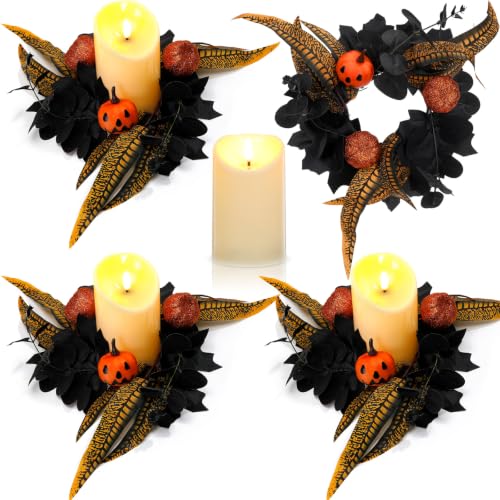 Halloween Candle Ring Set with Flameless Candles - Black Twig Bat Pumpkin Variation