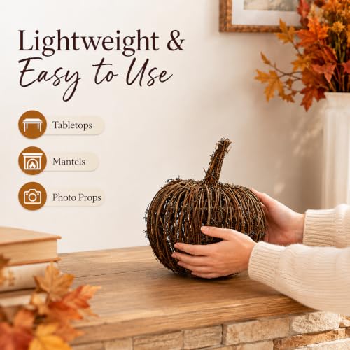 8 Inch Rattan Wicker Pumpkin Decor - Fall Halloween Seasonal Accent