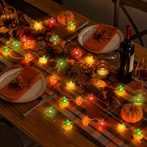 Fall Decor String Lights 10FT 40 LED Acorn Maple Leaves Pumpkin Lights - Yellow, Orange, Green