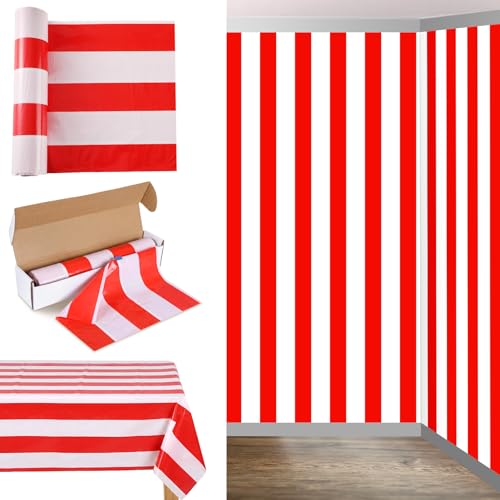 54 Inch x 100 ft Red and White Striped Disposable Tablecloth Roll with Cutter