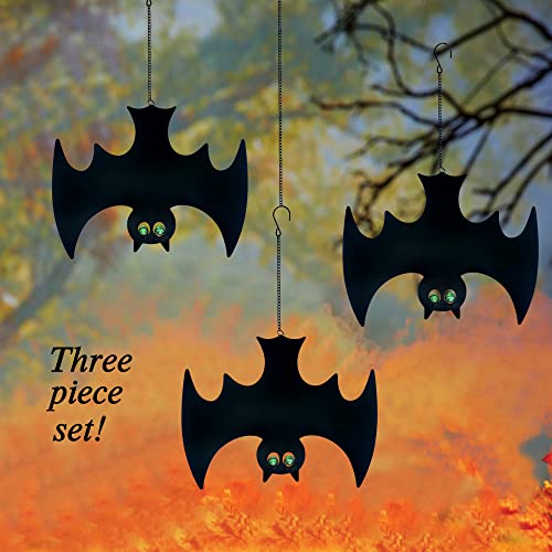 Halloween Glow in The Dark Metal Bat Ghost Hanging Decor Set of 3 Black Bats for Indoor Outdoor Party