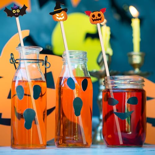 Halloween Wooden Coffee Stirrers - 100 Pcs, 7 Inch Disposable Stir Sticks with Vibrant Patterns