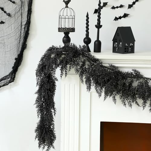 Halloween Black Artificial Cedar Garland 9ft - Spooky Decor for Indoor & Outdoor