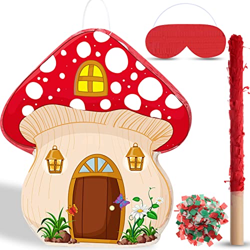 Kids Mushroom Piñata with Stick & Blindfold - Forest Party Decoration