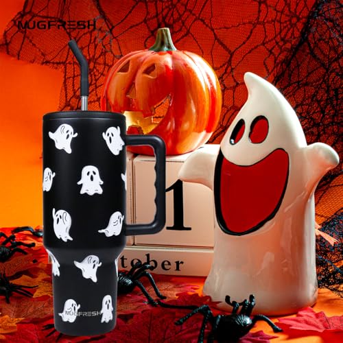 Black Ghost 40 oz Insulated Halloween Tumbler with Handle & Straw - Ghost Travel Mug