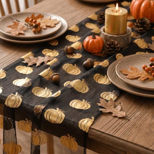 Fall Gauze Table Runner 120 Inch with Metallic Foil Pumpkin Black Gold - Artoid Mode
