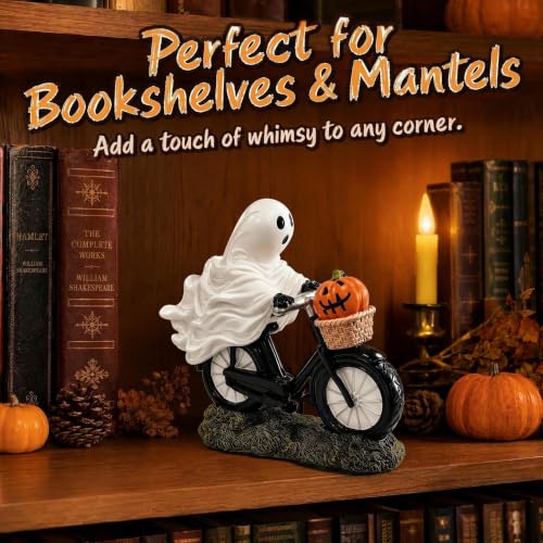 Halloween Ghost Riding Bicycle Figurine with Pumpkin - Table Decor, Party Centerpiece, Seasonal Home Accent - Variation of Bicycle