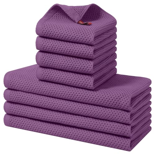 Purple Cotton Kitchen Towels & Dishcloths Set - 8 Pack, Soft & Absorbent