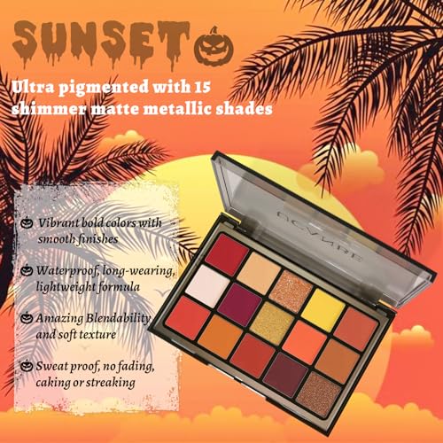 Sunset Orange Eyeshadow Palette - 15 Vibrant Warm Matte & Glitter Shades for Fall & Halloween