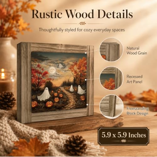 Ghost Pumpkin Path Wood Plaque Sign - Halloween Desk Decor Style 06