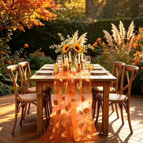 Fall Table Runner with Gold Foil Pumpkins Leaves 10FT - Color 01