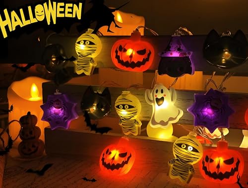 Halloween String Lights with USB Power - 8 Elements Ghosts, Witches, Spiders, Skeletons, Mummies, Pumpkins, Black Cats - Indoor Party Decorations