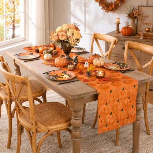 Fall Table Runner with 3D Faux Pumpkin Design - 13x108 Inch, Soft Faux Fur
