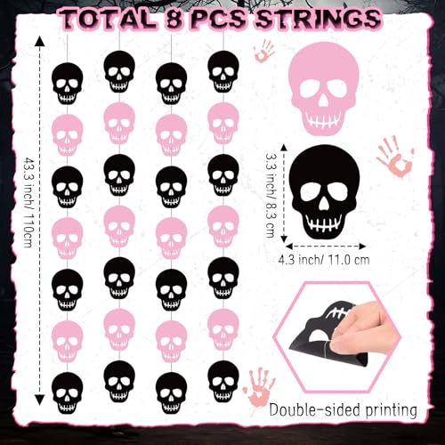 Halloween Skull Decor Garland Set - Pink & Black, 8 Pieces, 43 Inch