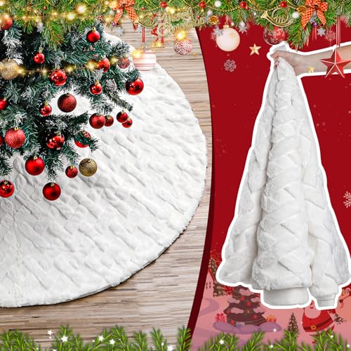 72 Inch Faux Fur White Christmas Tree Skirt for 7.5ft-12ft Trees with Diamond Pattern - Luxury Holiday Decor