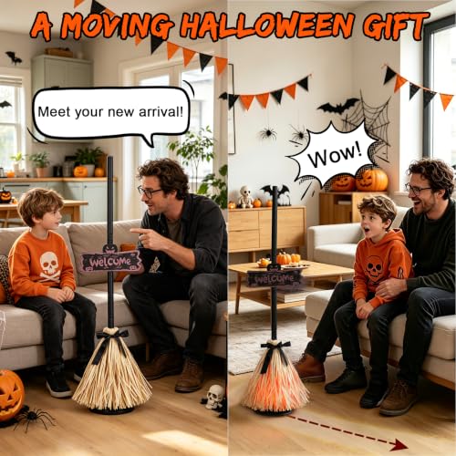 Animated Halloween Moving Witches Broomstick Decor - Spooky Sound & Red Light, Indoor 39"