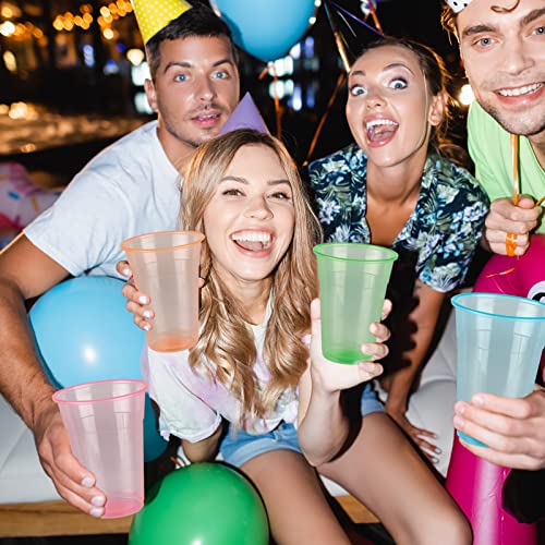 16 oz Neon Plastic Cups - Assorted Glow Party Cups, 100 Pack