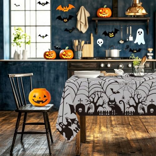 Halloween Spider Web Table Cloth - Black Castle Rectangular Fabric 90x60 Inches for Parties