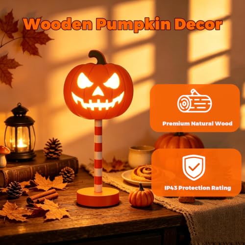AVEKI Wooden Halloween Pumpkin Night Light - Battery Powered Indoor Decor - Orange Pumpkin