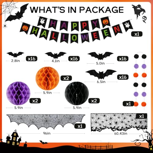 Halloween Indoor Decoration Set with Lanterns, Banners, Spiderweb Table Runner & Bat Stickers