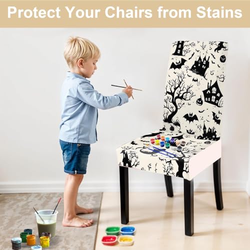 Halloween Chair Covers for Dining Room – Spooky Black & White Slipcovers with Haunted House & Bats, 4/04 Variation