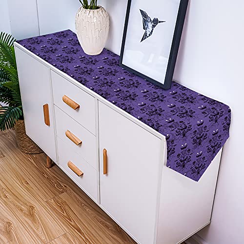 Halloween Black Spider Web Bat Table Runner - Cotton Linen, 13 x 36 Inches, Purple Variation
