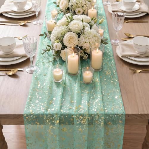 28x120 Inch Turquoise Gauze Gold Table Runner Set - 6 Pieces Wedding Party Decor