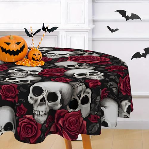 Halloween Gothic Skull Rose Round Tablecloth 70 Inches - Spooky Party Decor