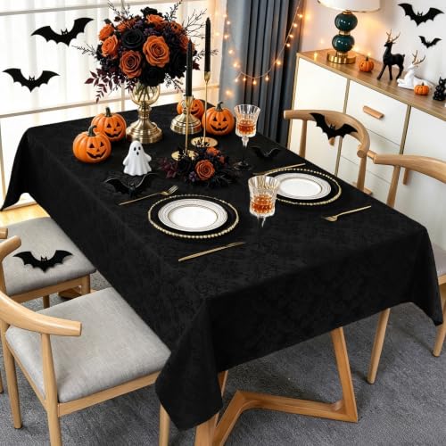 Black Jacquard Damask Rectangular Tablecloth 60 x 102 Inch - Elegant Polyester