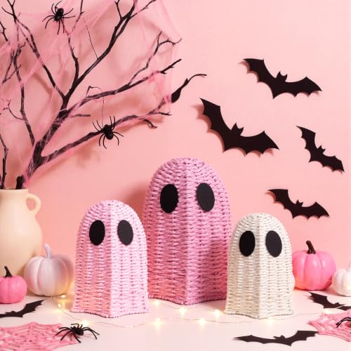 Pink Wicker Ghost Halloween Decor Set - Rustic Rattan Figurines, 3 Pieces