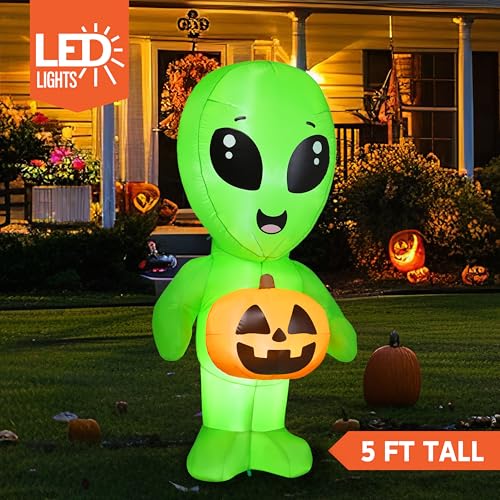 5ft Tall Inflatable Alien Halloween Decor with Pumpkin & LED Lights