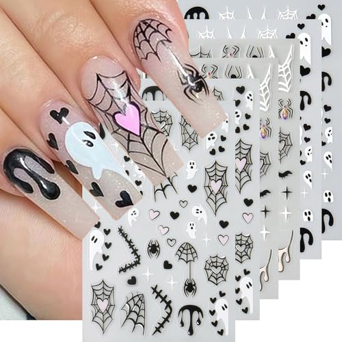 Halloween Nail Stickers 6 Sheets Spider Web Bat Ghost Design - Self-Adhesive DIY Manicure Decor