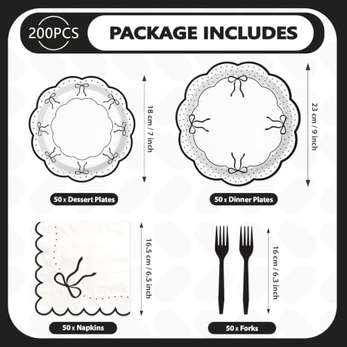 Black Bow Plates - 50 Dinner & Dessert Plates for Party & Celebration