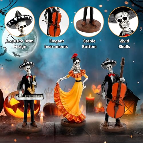 Day of the Dead Skeleton Figurines Set of 3 - Mariachi Band Halloween Decor