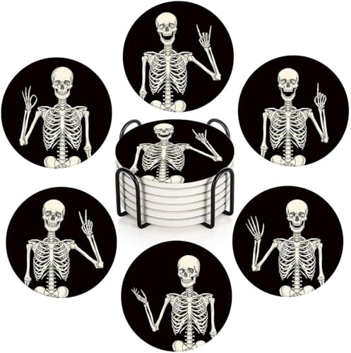 Skeleton Skull Coasters Set of 6 - Ceramic Stone Vintage Drink Protectors