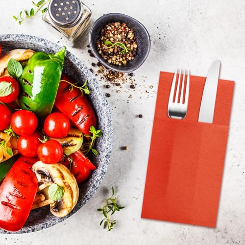 Dark Orange Linen-Feel Disposable Dinner Napkins with Flatware Pocket - 16x16in, 50 Pack