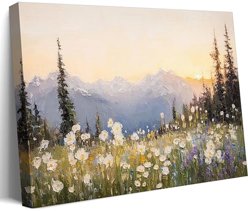 Landscape Canvas Wall Art - 24x16 Inches Sunset Mountain & Wildflowers