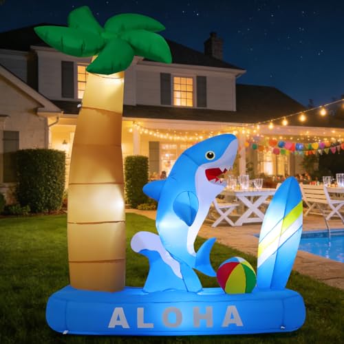 Inflatable Shark Pool Decor with Palm Tree & LED Lights - Summer Yard Decoration