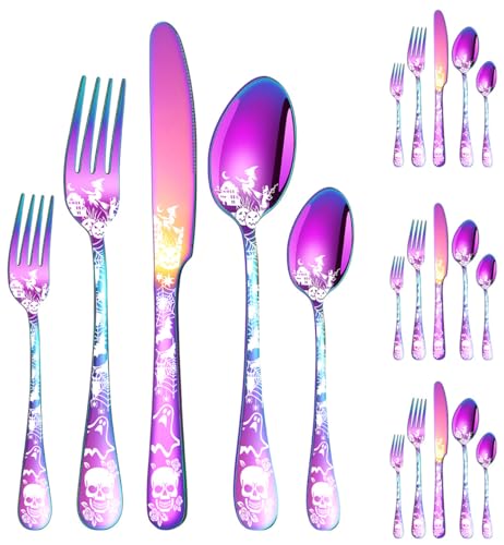 Halloween Skeleton Flatware Set for 4 - 20-Piece Stainless Steel Cutlery with Color Variations