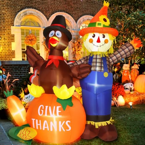 6 Ft Outdoor Thanksgiving Inflatable Turkey and Scarecrow Decor
