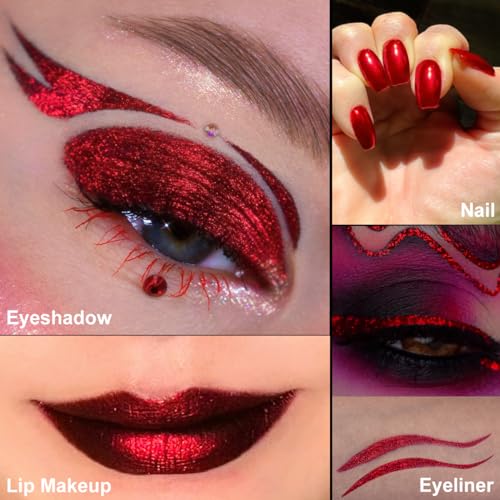 Red Glitter Eyeshadow Palette - True Red #R1, Multi-Dimensional Chrome & Holographic Shimmers, Long-Lasting Waterproof Makeup