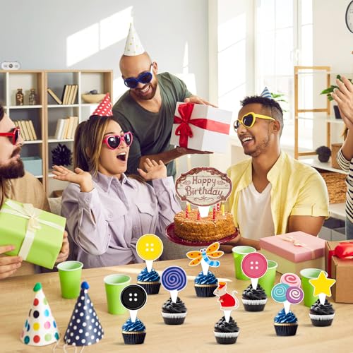 Colorful Button Themed Cupcake Toppers for Birthday & Halloween Parties
