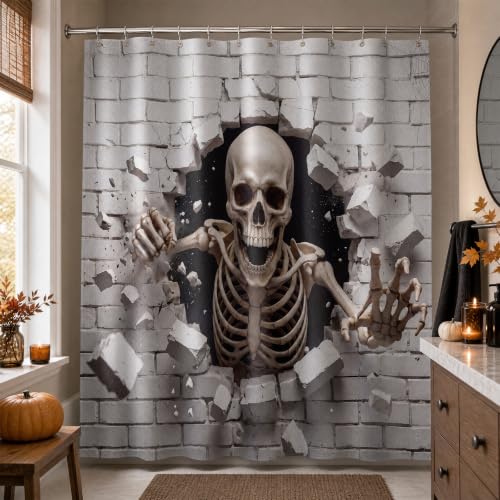 Halloween Shower Curtain with 3D Skull Design - Waterproof Bathroom Decor - Variation: 3D Skull
