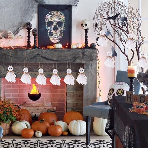 12 Pack Halloween Hanging Ghost Ornaments - 4 Inch Rustic Yard Decor for Haunted House & Party